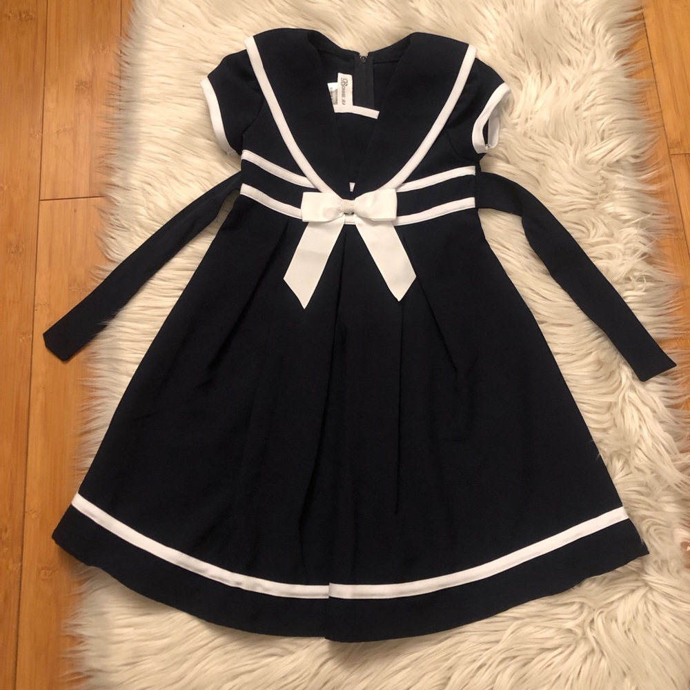 Vintage Bonnie Jean Sailor Nautical Contrast Trim Collar Navy Girls Dress size 4